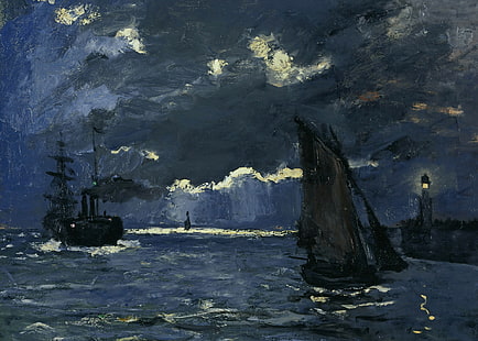 barco, navio, foto, Claude Monet, a paisagem marinha.Efeito noturno, HD papel de parede HD wallpaper