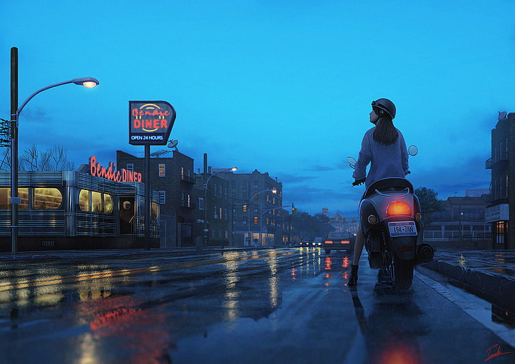 white motor scooter, man ridingmotorcycle digital wallpaper, city, rain, rear view, artwork, Tamaki (artist), car, street light, road, reflection, scooters, mopeds, land cruiser, HD wallpaper