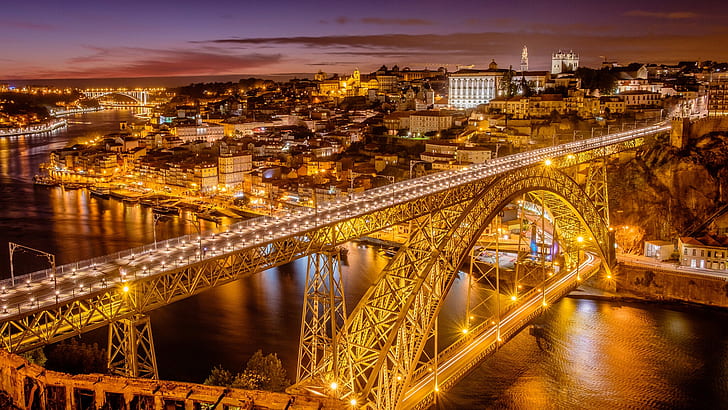 мост, река, панорама, Португалия, нощен град, Вила Нова де Гая, Порто, пристанище, река Дуеро, река Дуро, мост Дом Луис I, Понте де дон Луис I, HD тапет