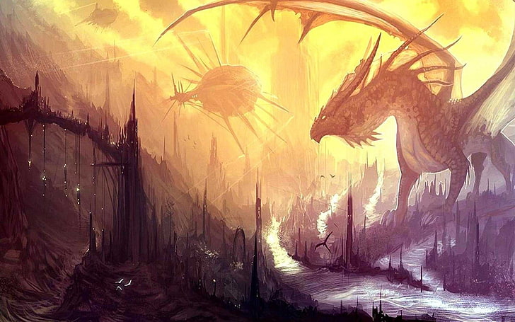 dragão preto na cidade destruída papel de parede, dragão, arte de fantasia, HD papel de parede