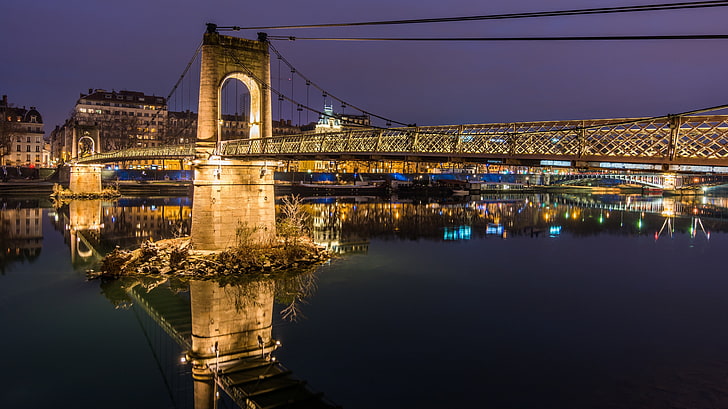 bridge, night, Lyon, France, lights, sky, water, architecture, photography, HD wallpaper