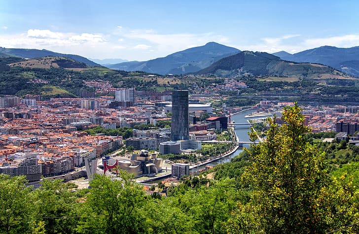 Bilbao, city, river, Spain, building, skyscraper, hills, architecture, Basque country, mountains, cityscape, HD wallpaper