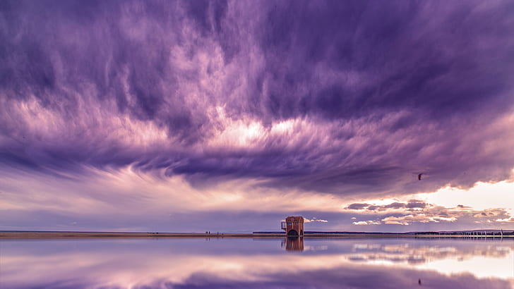brown shack on body of water landscape photography, Nuages, body of water, landscape photography, météo, waterscape, weather, wind, violet, clouds, cloud, sky, sunset, nature, dusk, water, reflection, cloud - Sky, sea, HD wallpaper