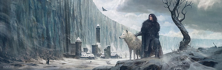 Jon Snow and Ghost, arte, fantasia, fantasma, luminos, jogo dos tronos, cristi balanescu, lobo, jon snow, HD papel de parede