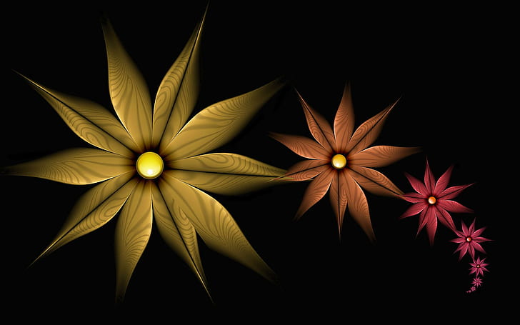 Flores multicoloridas simples, laranja, fractal, preto, ouro, flor, marrom, multicolor, 3d e abstrato, HD papel de parede