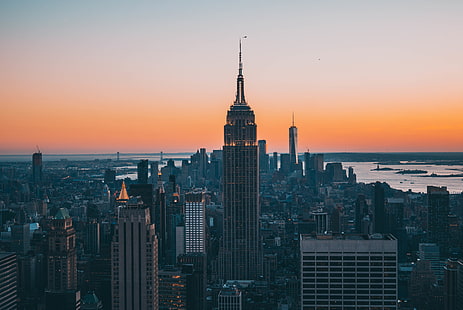 Empire State Building, Nowy Jork, Nowy Jork, zachód słońca, pejzaż miejski, Empire State Building, 30 Rockefeller Plaza, szczyt skały, helikopter, scyscrapers, USA, Manhattan, budynek, One World Trade Center, Tapety HD HD wallpaper
