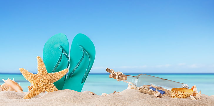 pair of teal rubber flip-flops, sand, sea, beach, summer, the sun, bottle, shell, vacation, slates, starfish, seashells, HD wallpaper