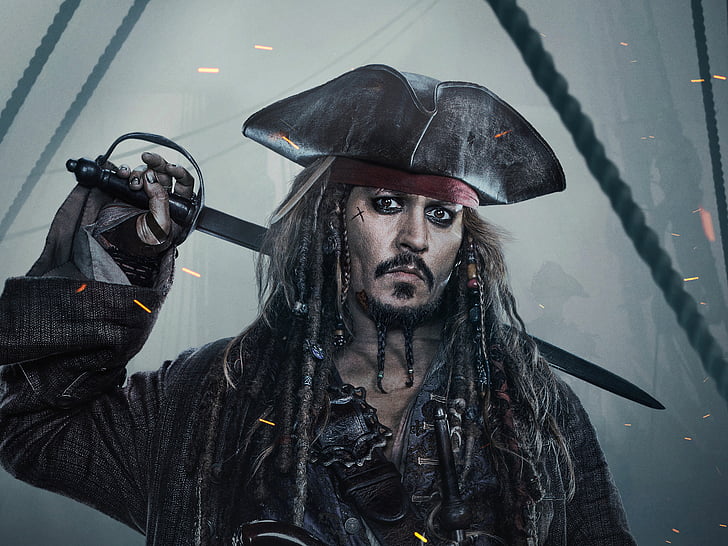Капитан Джек Воробей, Джонни Депп, Капитан Джек Воробей, Пираты Карибского моря: Мертвецы не рассказывают сказки, 4K, HD обои