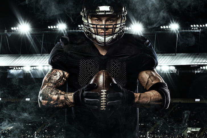 background, smoke, the ball, tattoo, gloves, helmet, athlete, American football, male, uniform, tribune, stadium, floodlight, HD wallpaper