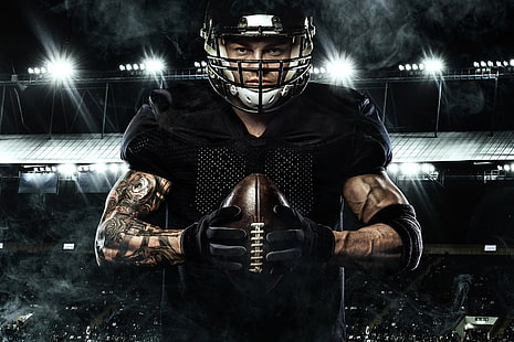  background, smoke, the ball, tattoo, gloves, helmet, athlete, American football, male, uniform, tribune, stadium, floodlight, HD wallpaper HD wallpaper