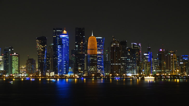 doha, katar, city lights, middle east, night, HD wallpaper