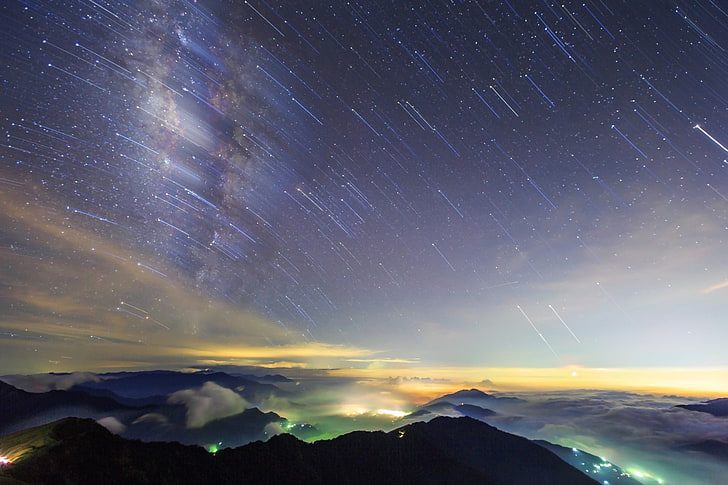 lluvia de meteoritos, el cielo, estrellas, nubes, montañas, noche, colinas, vista, tiro, Fondo de pantalla HD