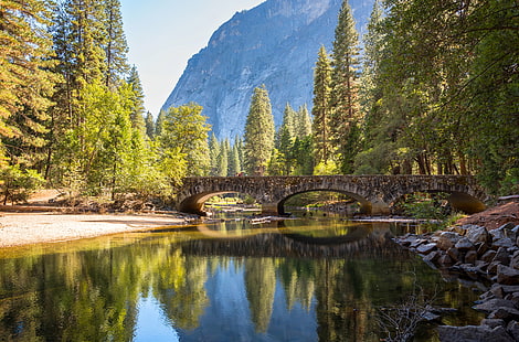 brun bro, yosemite, yosemite, saknad, Yosemite, brun, bro, berg, vatten, spegel, tall, redwood, natur, träd, skog, landskap, scenics, flod, utomhus, höst, sjö, reflektion, skönhet i naturen, parkera - Man Made Space, berömd plats, HD tapet HD wallpaper