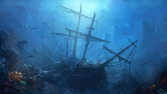 Фэнтези, Корабль, Акула, Подводный мир, Крушение, HD обои HD wallpaper