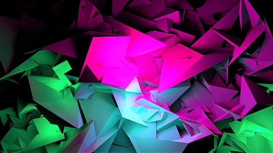 assorted-color folded papers illustration, 3D, digital art, shards, black, dark, colorful, pink, Blu, blue, green, purple, HD wallpaper HD wallpaper