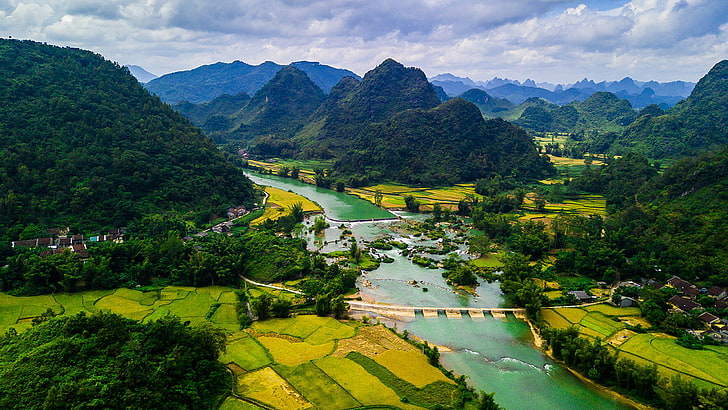 bang, cao, champs, montagnes, rivières, paysages, vietnam, Fond d'écran HD