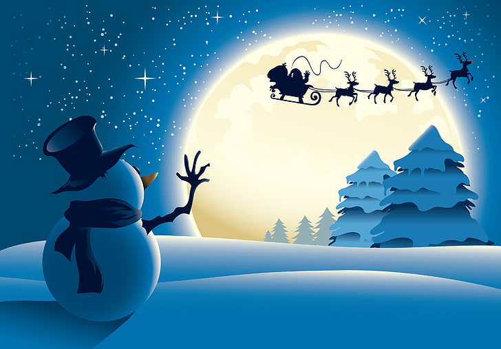 snowman wallpaper, stars, snow, trees, new year, snowman, Merry Christmas, full moon, Reindeer, Santa sleigh, Santa Claus is Coming, HD wallpaper
