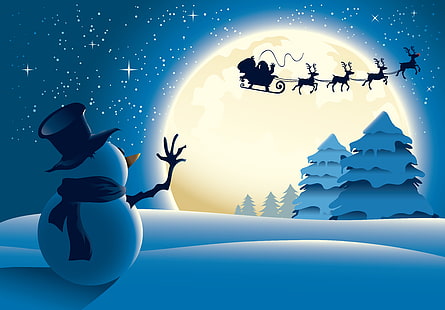 papel de parede boneco de neve, estrelas, neve, árvores, ano novo, boneco de neve, feliz natal, lua cheia, renas, trenó do papai noel, papai noel está chegando, HD papel de parede HD wallpaper