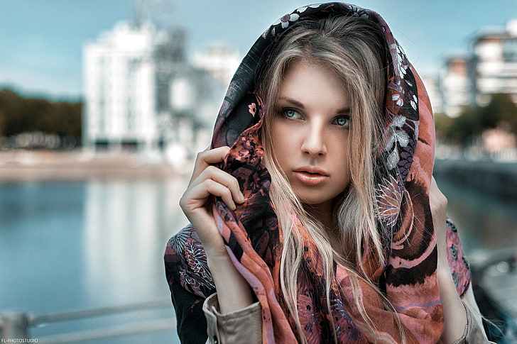 women, women outdoors, blonde, blue eyes, scarf, depth of field, face, HD wallpaper