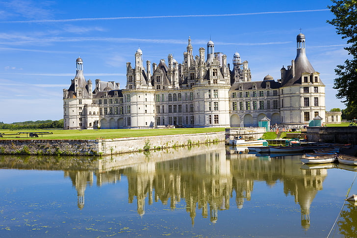 бело-серое здание, замок, Франция, Шато де Шамбор, Chateau Chambord, HD обои