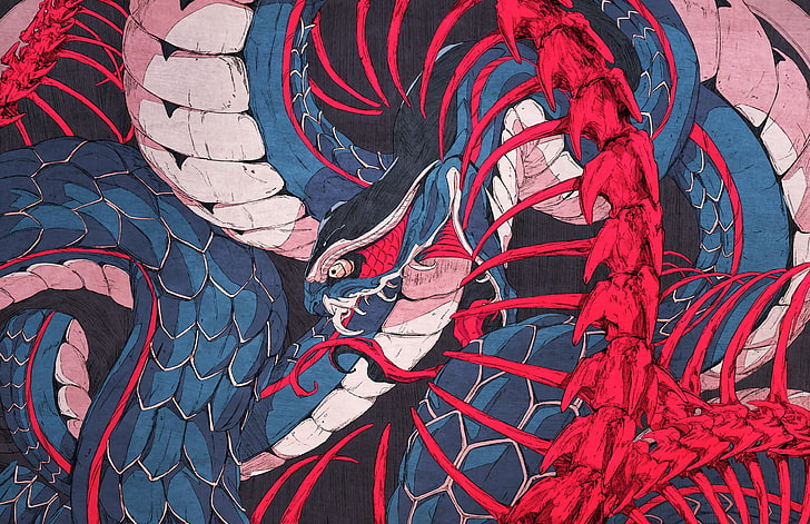 ilustrasi naga biru, merah, dan putih, ouroboros, tulang, ular, ular, Chun Lo, kerangka, karya seni, Wallpaper HD