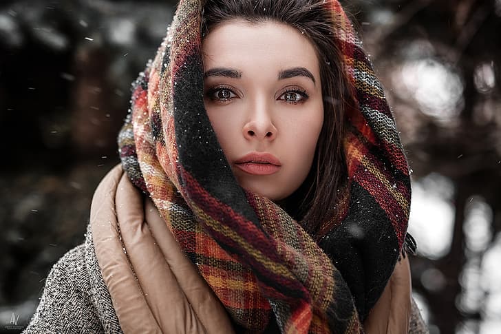 Inverno, look, ragazza, neve, ritratto, sciarpa, fotografo, scialle, modello, bokeh, Andrey Vechkenzin, Regina Gumerova, Sfondo HD
