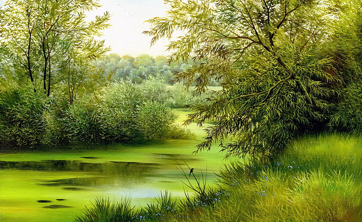 Papel de parede HD da cena da natureza pintura, árvores de folhas verdes, artístico, desenhos, natureza, paisagem, verde, cenário, árvores, rio, cena, clássico, calma, pintura, HD papel de parede