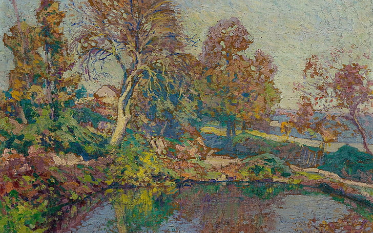 Pintor francés, óleo sobre lienzo, artista postimpresionista francés, Paul Madeline, paisaje de otoño en el estanque, Fondo de pantalla HD