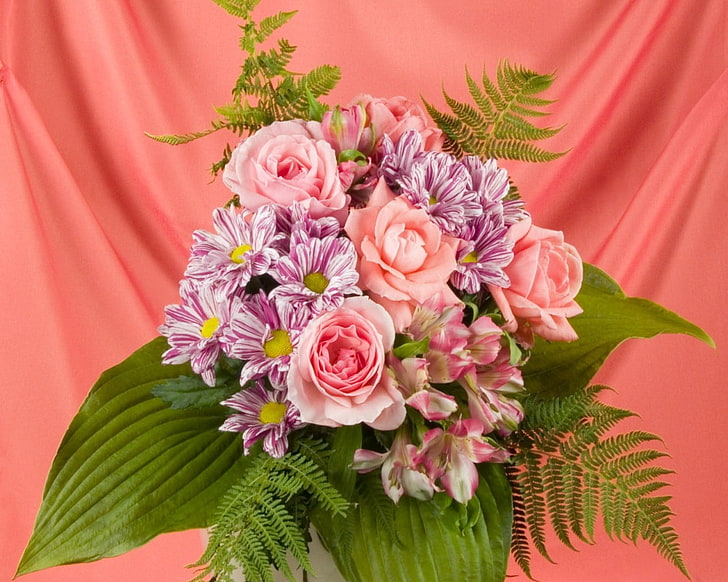 rosa Rosen, Rosen, Chrysanthemen, Lilien, Strauß, Dekoration, grün, HD-Hintergrundbild