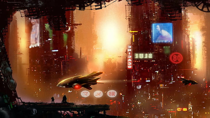 ficção científica, cidade futurista, arte digital, HD papel de parede