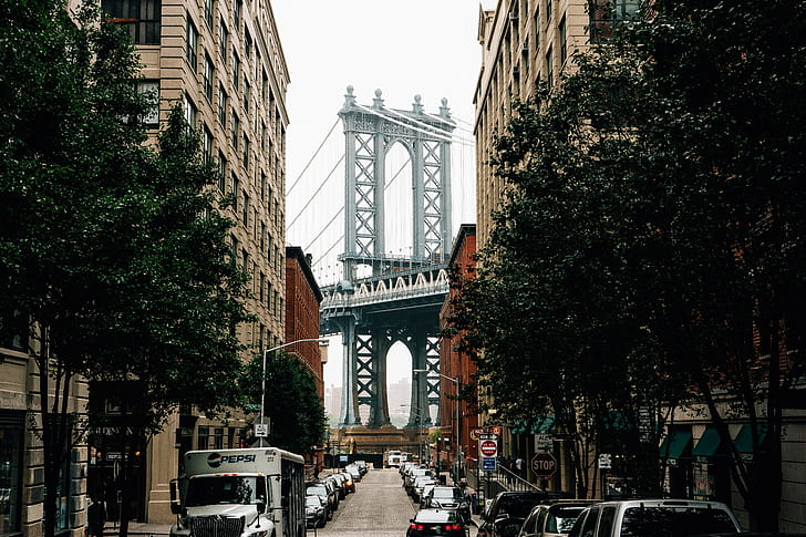 Нью-Йорк, улица, Манхэттенский мост, город, мост, HD обои