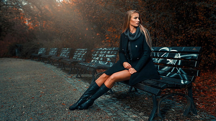 Autumn, girl, style, Park, benches, Asia Piorkowska, HD wallpaper ...