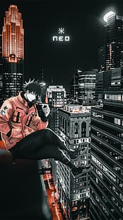 Jujutsukaisen, Megumi Fushiguro, 애니메이션 도시, 도시의 불빛, 밤, HD 배경 화면 HD wallpaper