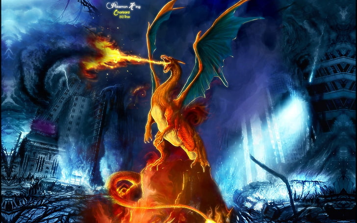 ilustracja pomarańczowego smoka, Pokémon, Charizard, gry wideo, Tapety HD