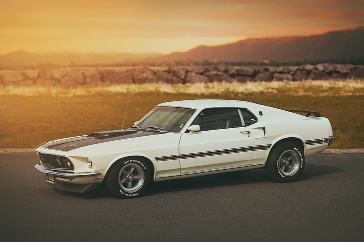 white and black Ford Mustang coupe, ford, white, mach 1, mustang, HD wallpaper