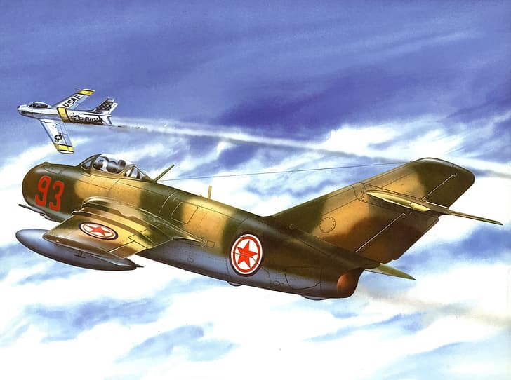 war, art, painting, aviation, F-86 Sabre, Mig 15, korean war, HD wallpaper