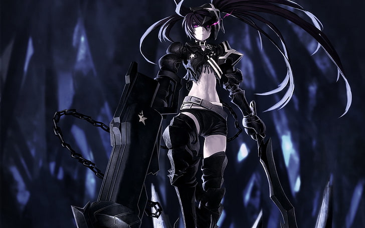 anime, armor, belts, black, boots, chains, choker, collar, dark, eyes, girls, glowing, hair, insane, long, low angle, purple, rock, shooter, shorts, shot, stars, swords, twintails, weapons, HD wallpaper