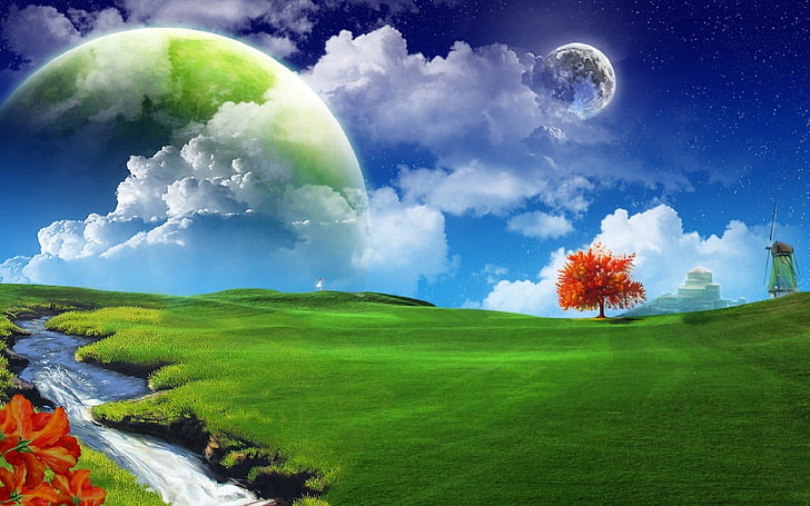 dreamy landscape-Design HD Wallpaper, green grass and moon illustration, HD wallpaper