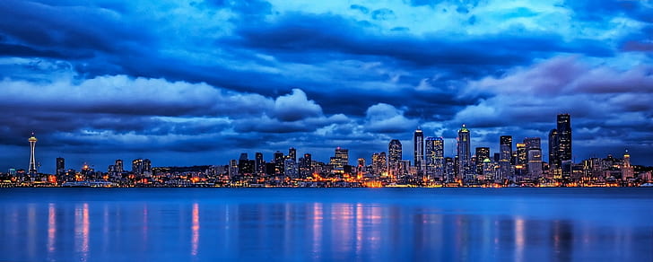 high-rise building during nighttime, seattle, seattle, Seattle, Blues, high-rise building, nighttime, HDR, Sky, Line  Blue, Blue Hour, urban Skyline, cityscape, architecture, night, skyscraper, downtown District, urban Scene, sea, sunset, famous Place, dusk, built Structure, reflection, city, building Exterior, HD wallpaper