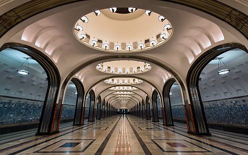 сграда коридор, архитектура, Русия, метро, ​​жп гара, арка, плочки, светлини, симетрия, кръг, Москва, HD тапет HD wallpaper