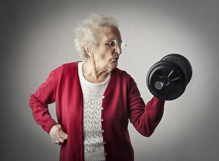 workout, fitness, dumbbells, grandmother, old woman, HD wallpaper