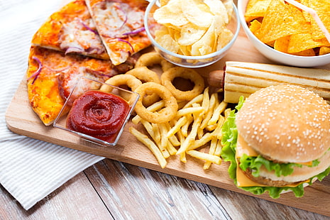 arco, pizza, molho, batatas fritas, hambúrguer, fast food, batatas fritas, HD papel de parede HD wallpaper
