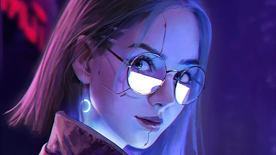 artwork, glasses, glowing, cyberpunk, Cyberpunk 2077, looking at viewer, HD wallpaper HD wallpaper