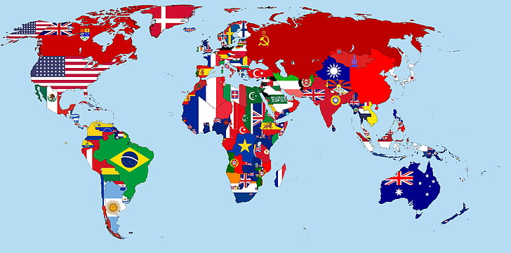 mångfärgad världskartaillustration, karta, flaggor, år, världen, länder, 1930, HD tapet