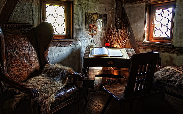 dua kursi kayu berwarna coklat, rumah, kamar, jendela, kursi, kulit, kulit, buku, meja, Wallpaper HD