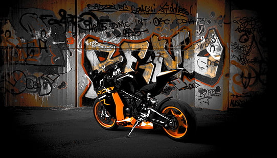 черный и оранжевый спортивный мотоцикл, черный, мотоцикл, вид сзади, велосипед, ktm, rc8 r, HD обои HD wallpaper