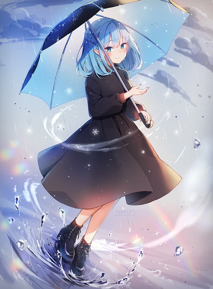 Filles anime, personnages originaux, Yennineii, parapluie, cheveux bleus,  Fond d&#39;écran HD | Wallpaperbetter