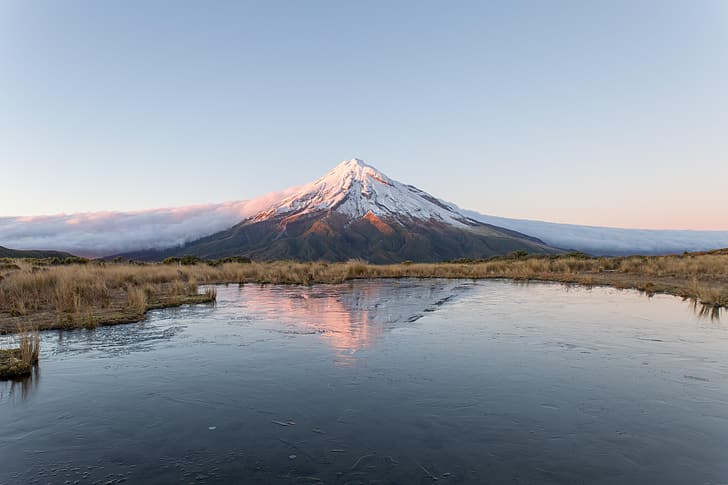 New Zealand, landscape, clouds, pond, snow, nature, Mount Taranaki, HD wallpaper