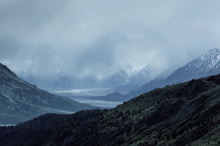 mountains, river, sky, HD wallpaper