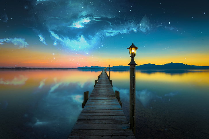 brown wooden dock, nebula, space, lake, evening, photo manipulation, bridge, water, HD wallpaper